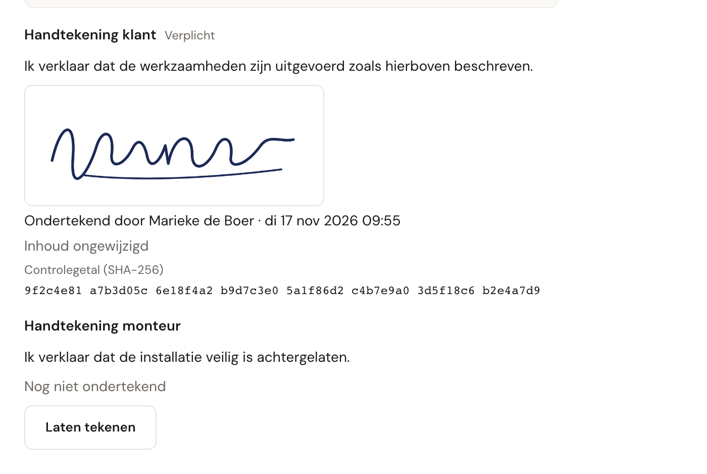 De gezette handtekening op het formulier: Handtekening klant, Verplicht, de verklaring, de getekende handtekening, Ondertekend door Marieke de Boer, di 17 nov 2026 09:55, Inhoud ongewijzigd en het Controlegetal (SHA-256) in acht groepen.