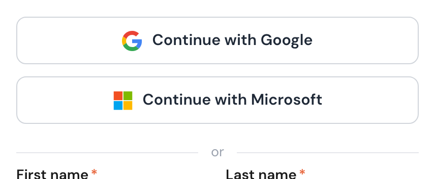 The Continue with Google and Continue with Microsoft buttons, with a divider reading or underneath.