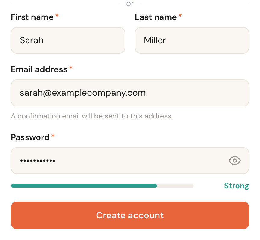 The completed registration form with a strength bar reading Very strong.