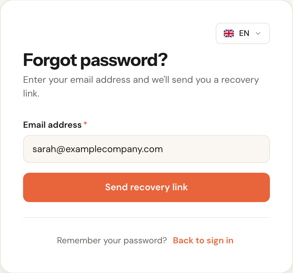 The Forgot password page with an email address field and the Send recovery link button.