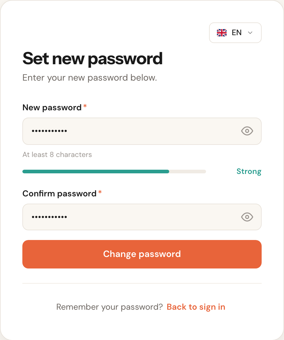 The Set new password page with two password fields and a strength bar.