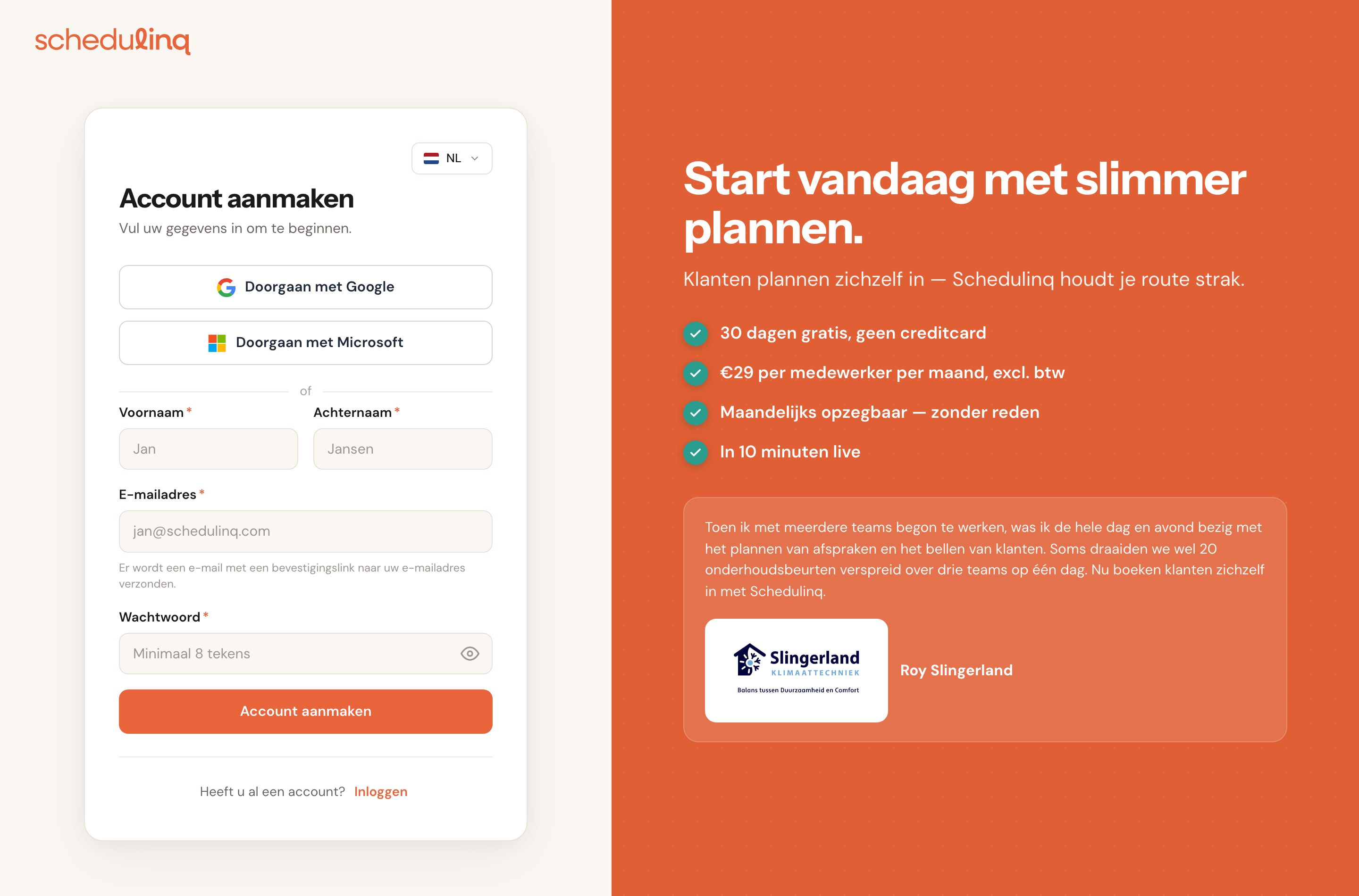 Vul het registratieformulier in, of ga verder met Google of Microsoft.