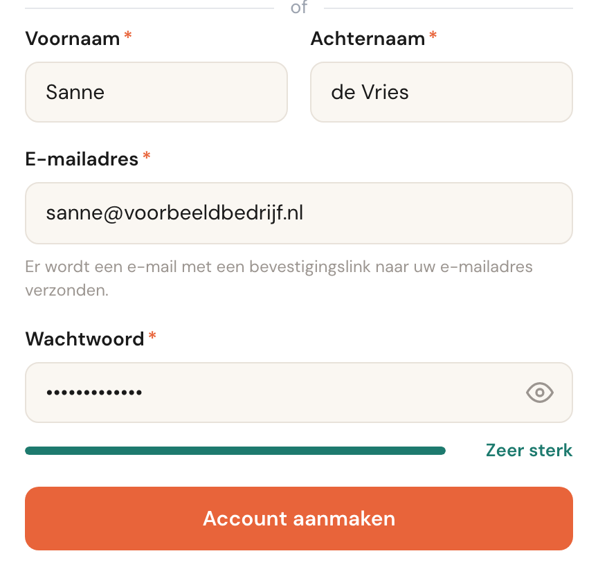 Het ingevulde registratieformulier met een sterktebalk die Zeer sterk aangeeft.