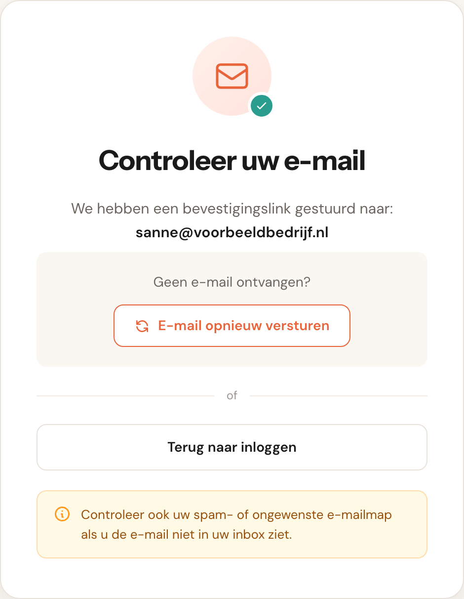 De pagina Controleer uw e-mail, met het e-mailadres, een knop om de e-mail opnieuw te versturen en een tip over de spammap.