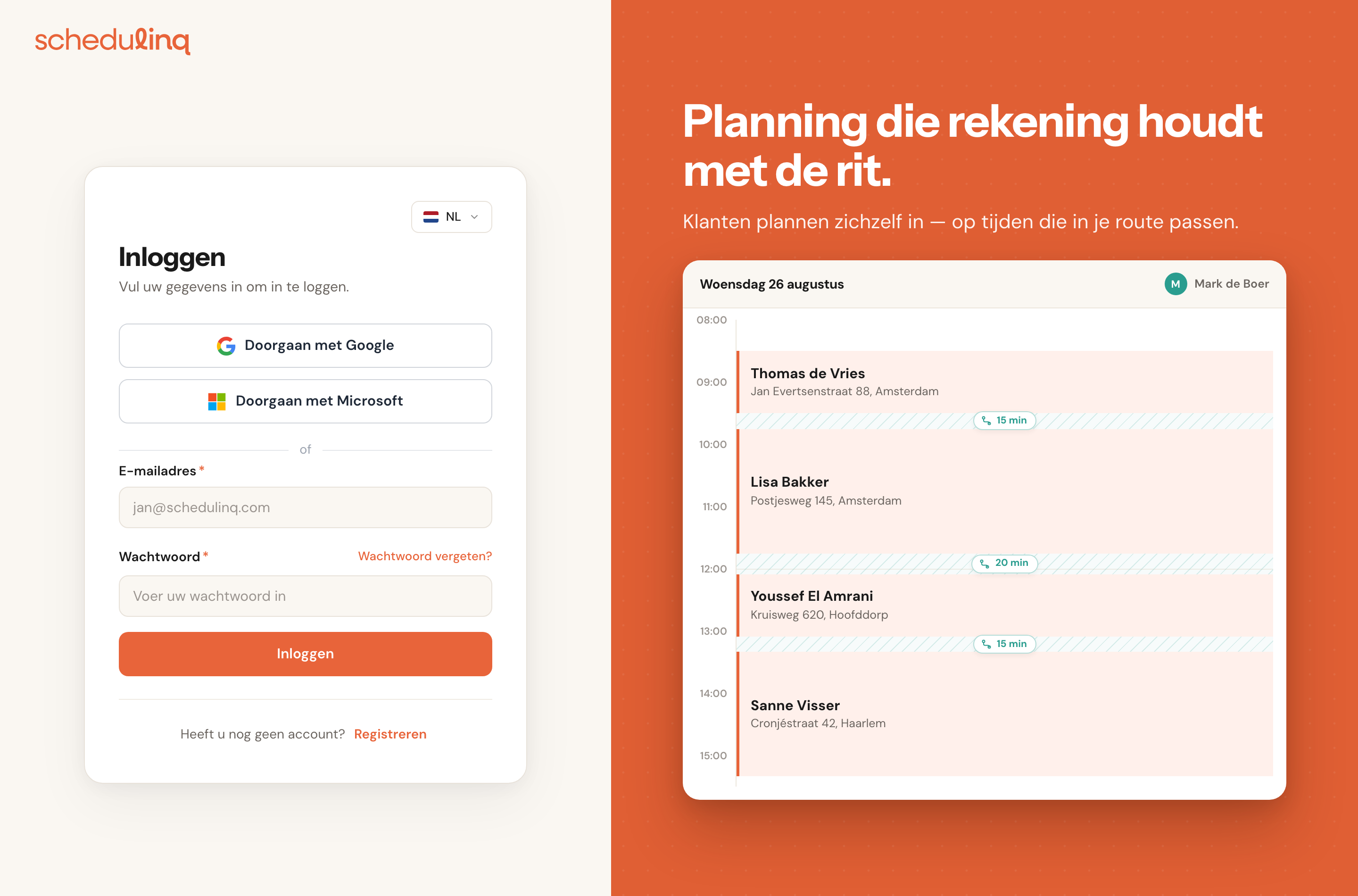 De inlogpagina met de knoppen voor Google en Microsoft, velden voor e-mailadres en wachtwoord, en de link Wachtwoord vergeten.