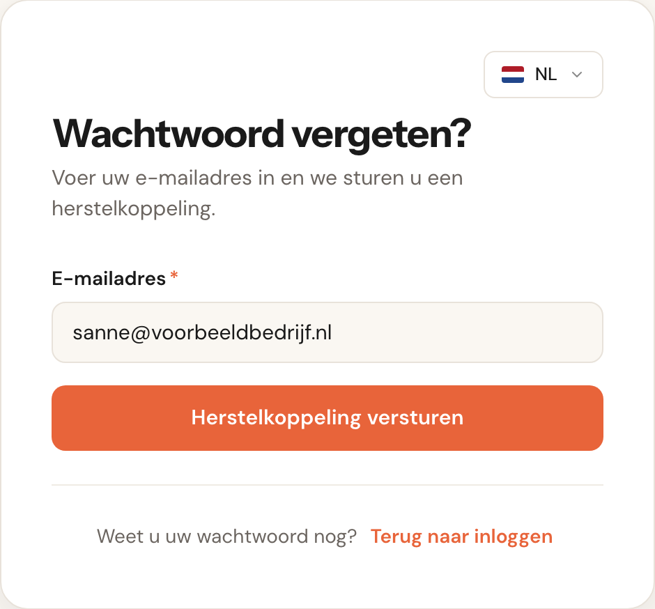 De pagina Wachtwoord vergeten met een veld voor het e-mailadres en de knop Herstelkoppeling versturen.