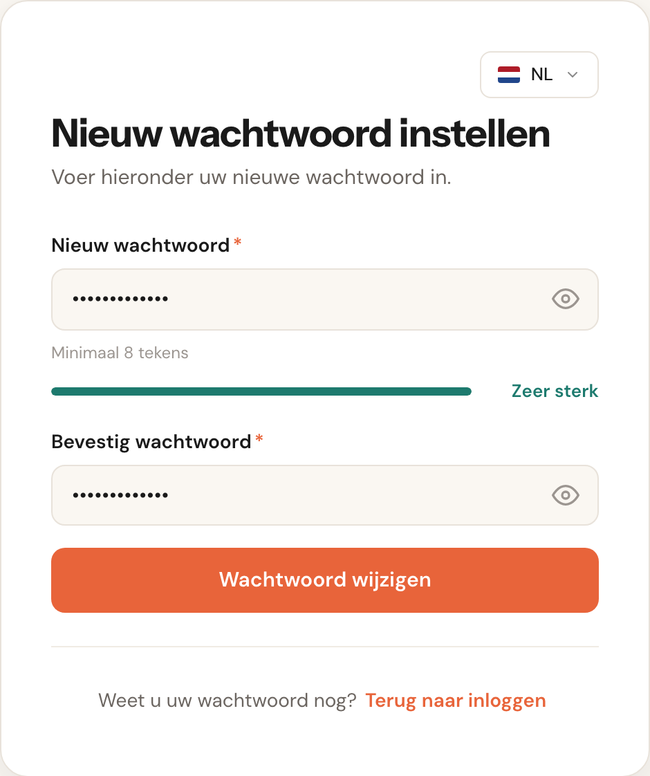De pagina Nieuw wachtwoord instellen met twee wachtwoordvelden en een sterktebalk.