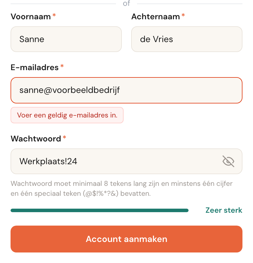 Het registratieformulier met een rood e-mailveld en daaronder de melding Voer een geldig e-mailadres in.