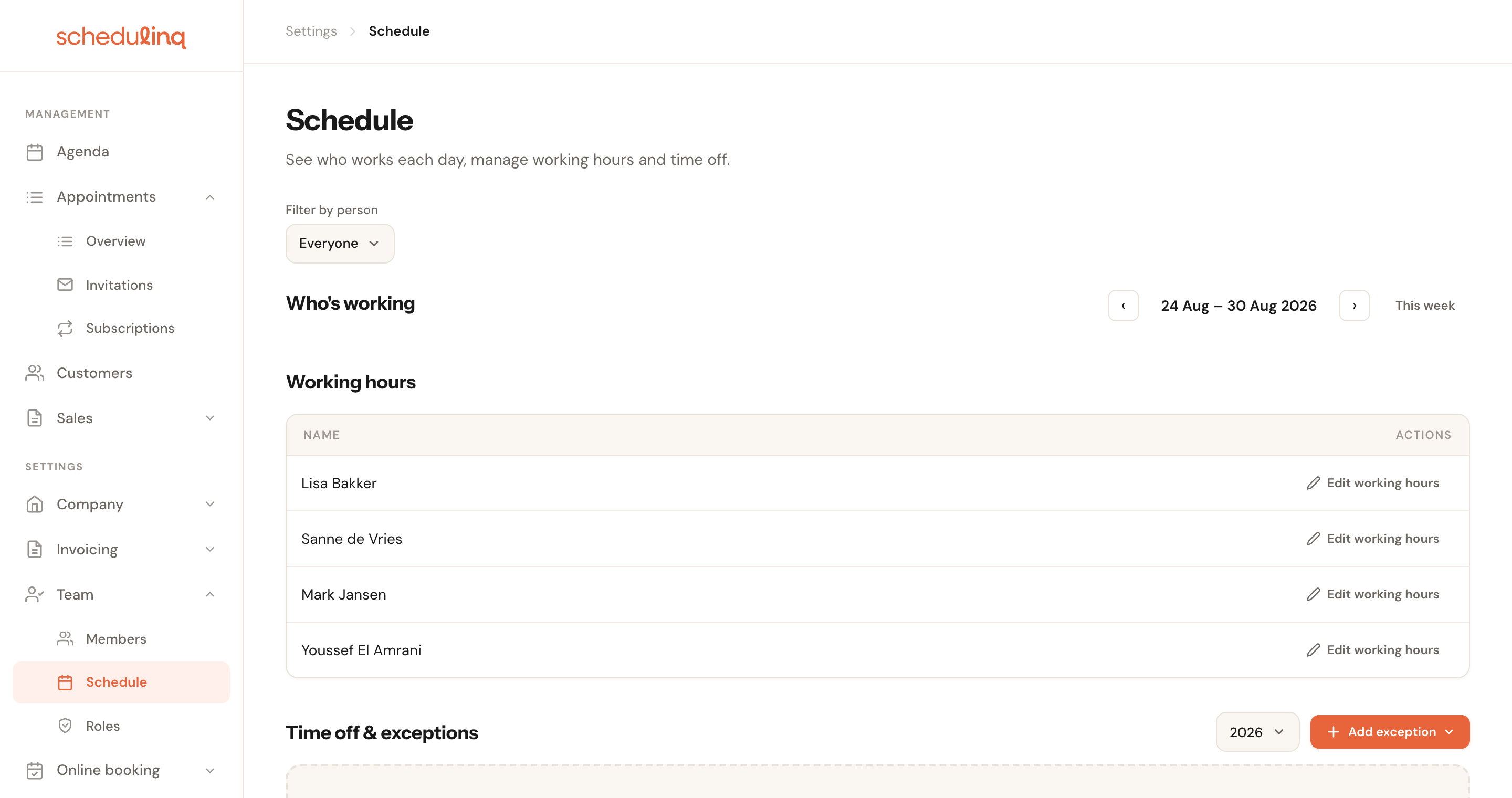 Check your working hours under Team → Schedule.