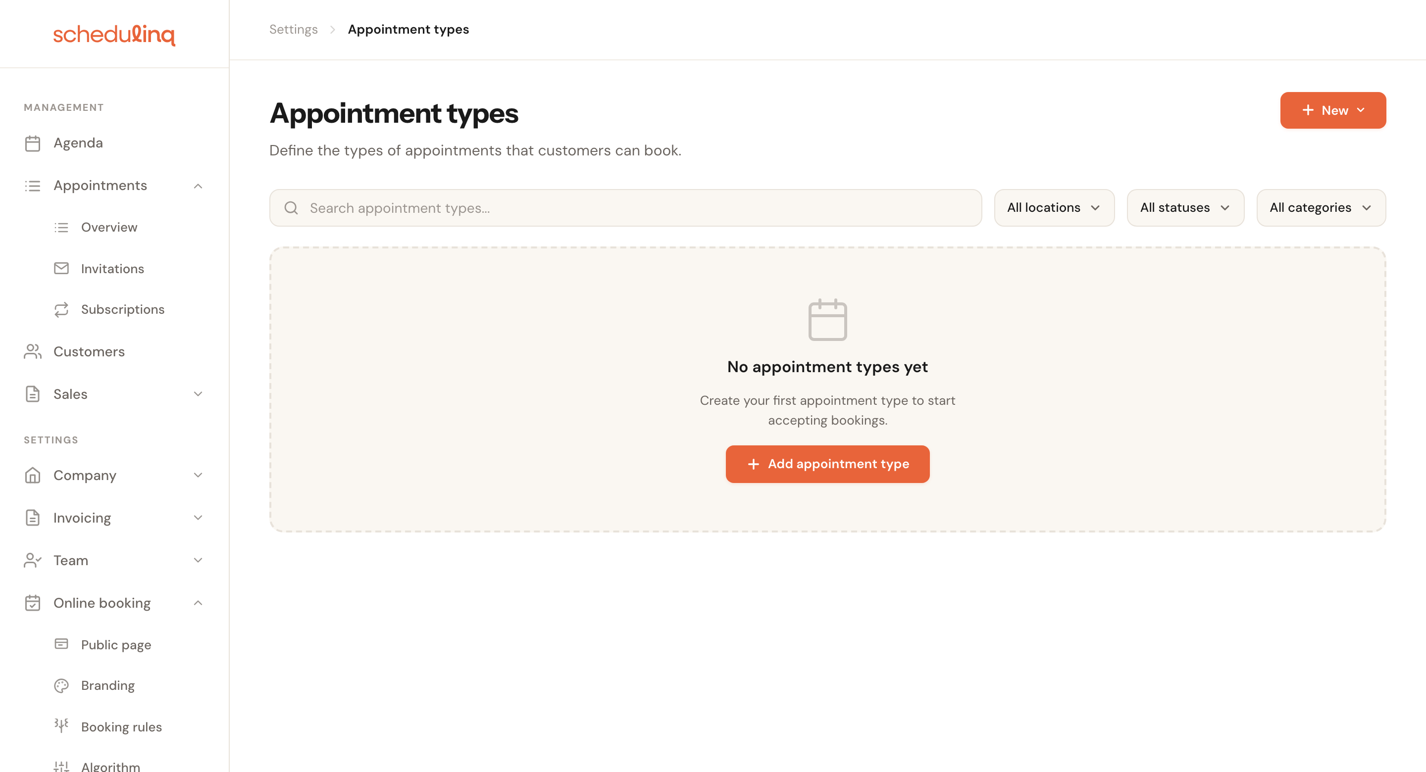 Create your first appointment type — without one, nobody can book.