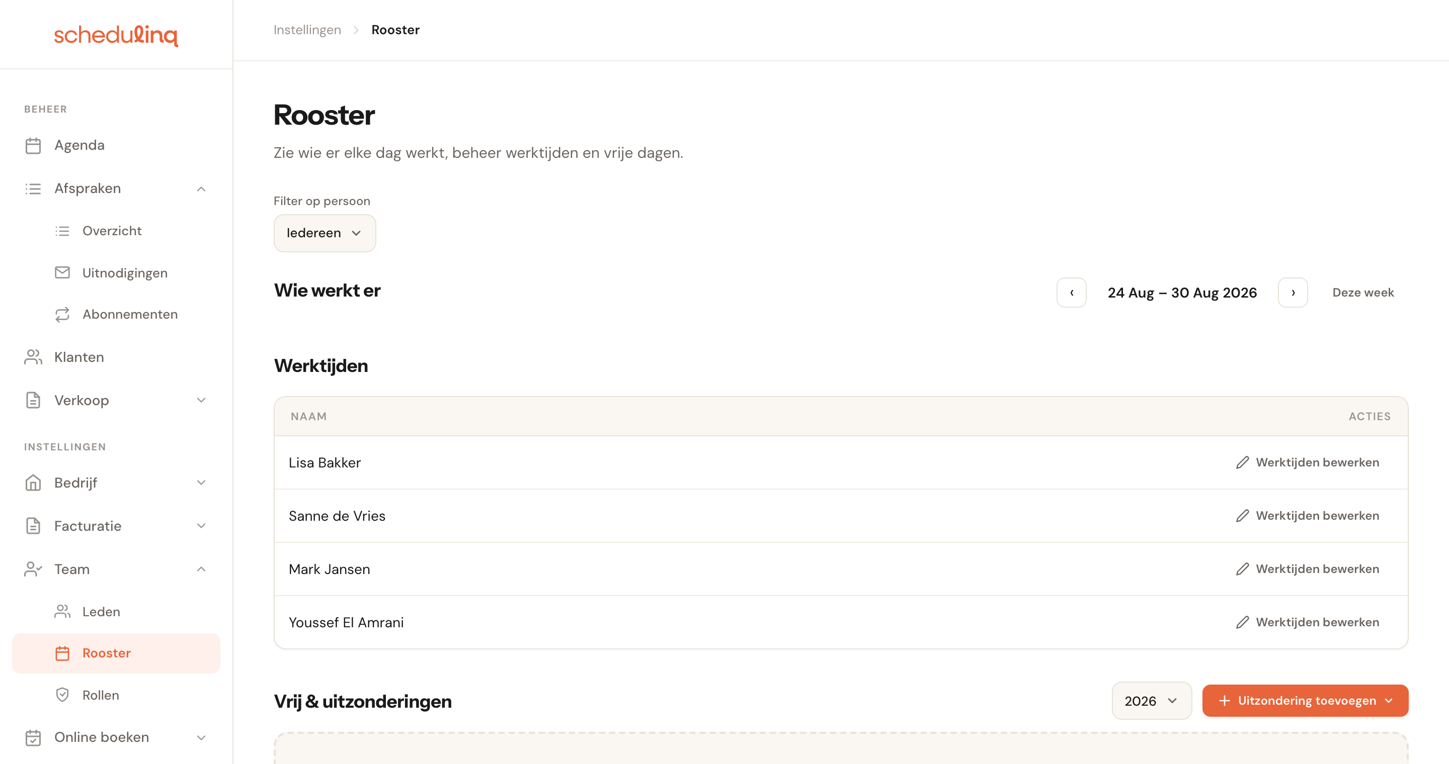 Controleer je werktijden onder Team → Rooster.