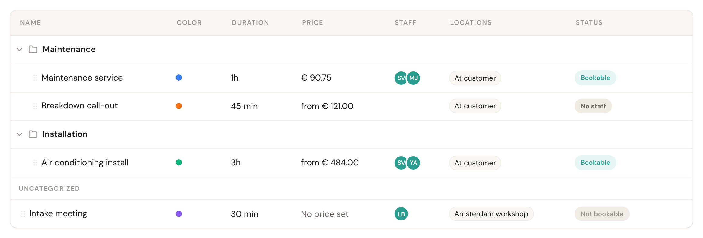 The Appointment types overview with the status column, showing one service Bookable, one No staff and one Not bookable.