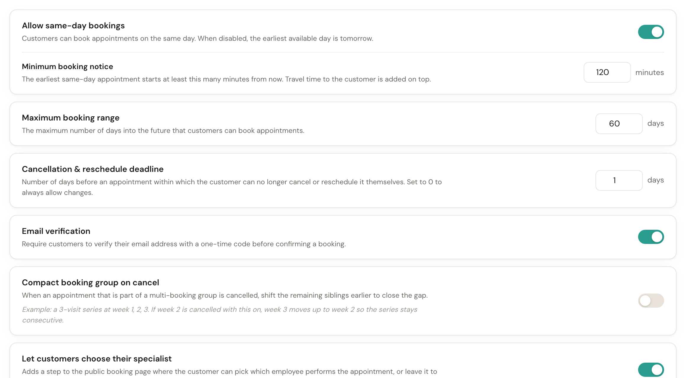 The booking rules showing minimum notice, maximum booking window and the cancellation cut-off.