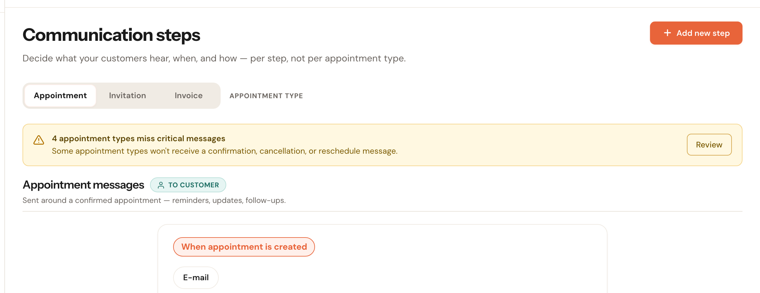 The Communication steps page with a yellow banner reporting that appointment types are missing critical messages.