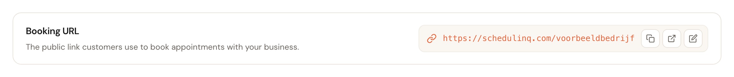 The Booking URL card with the public link and buttons to copy, open and change it.