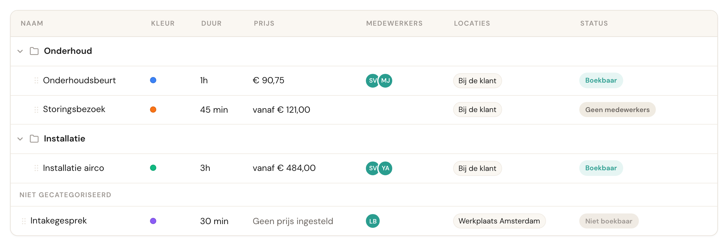 Het overzicht Afspraaktypes met de statuskolom, waarin één dienst Boekbaar is, één Geen medewerkers en één Niet boekbaar.