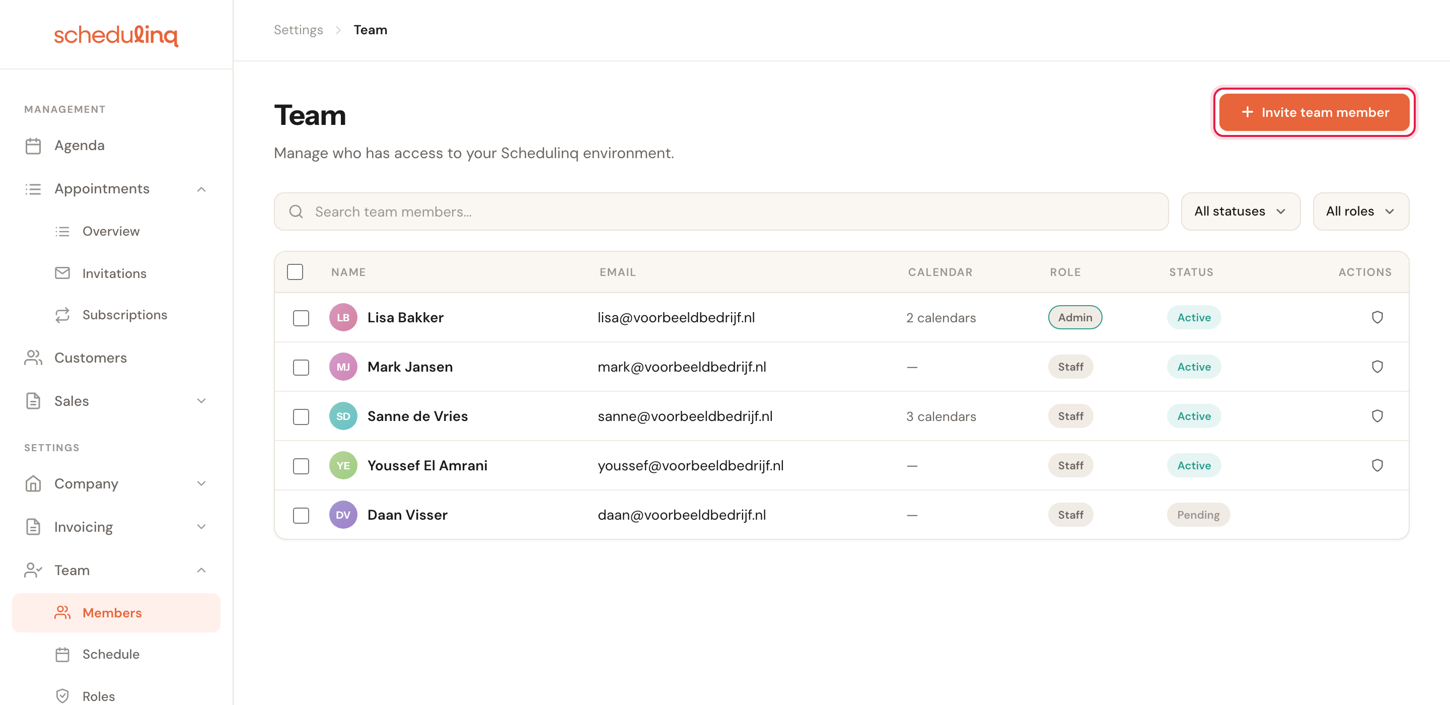 The Team page with the list of team members and the Invite team member button highlighted at the top right.