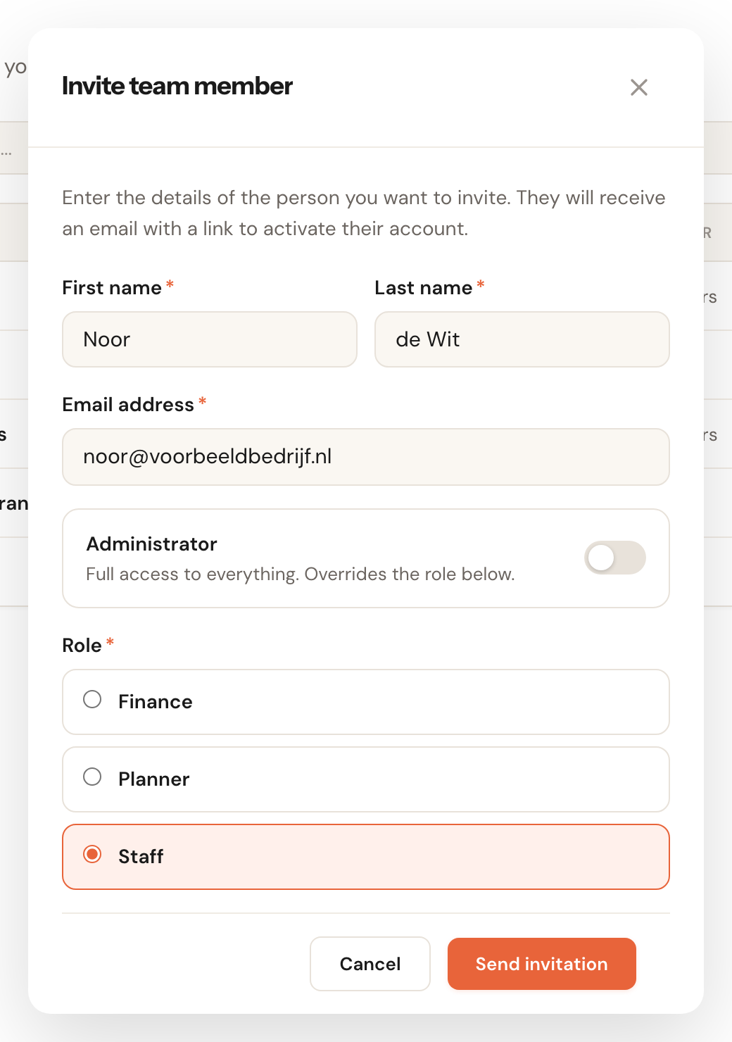The Invite team member dialog with first name, last name, email address, the Administrator switch and the list of roles.