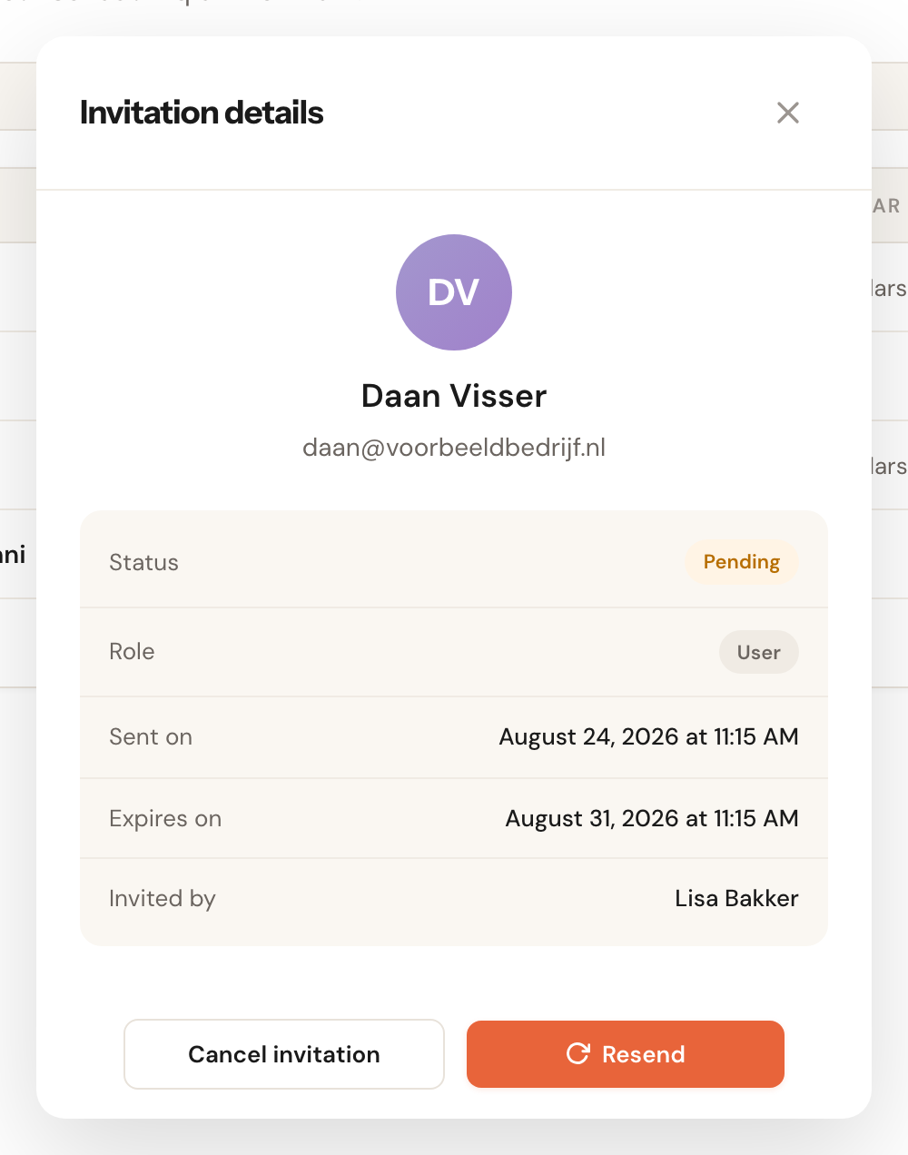 The Invitation details dialog showing status, role, sent on, expires on, and the Cancel invitation and Resend buttons.