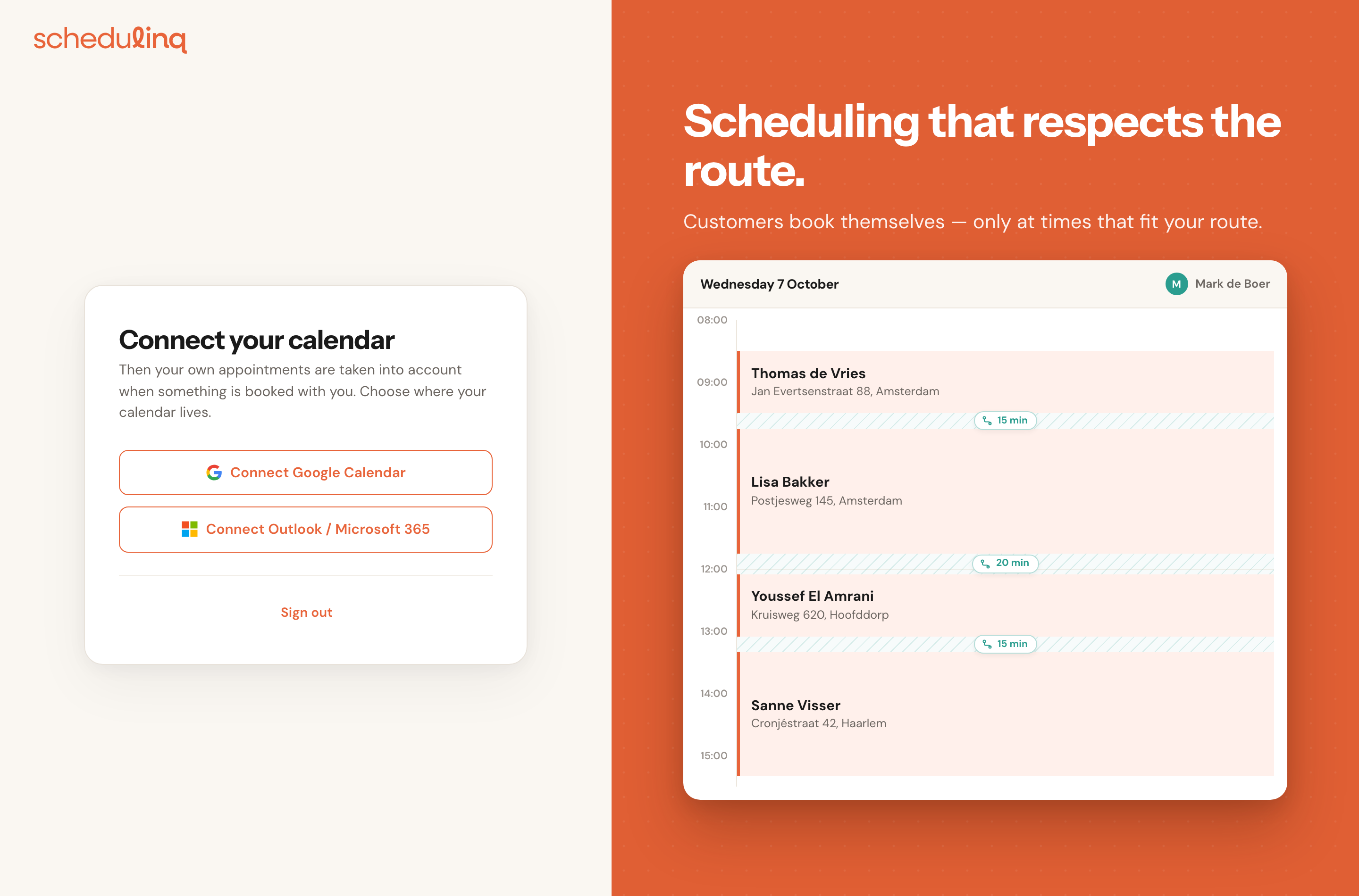 The Connect your calendar step after choosing a password, with the Connect Google Calendar and Connect Outlook / Microsoft 365 buttons.