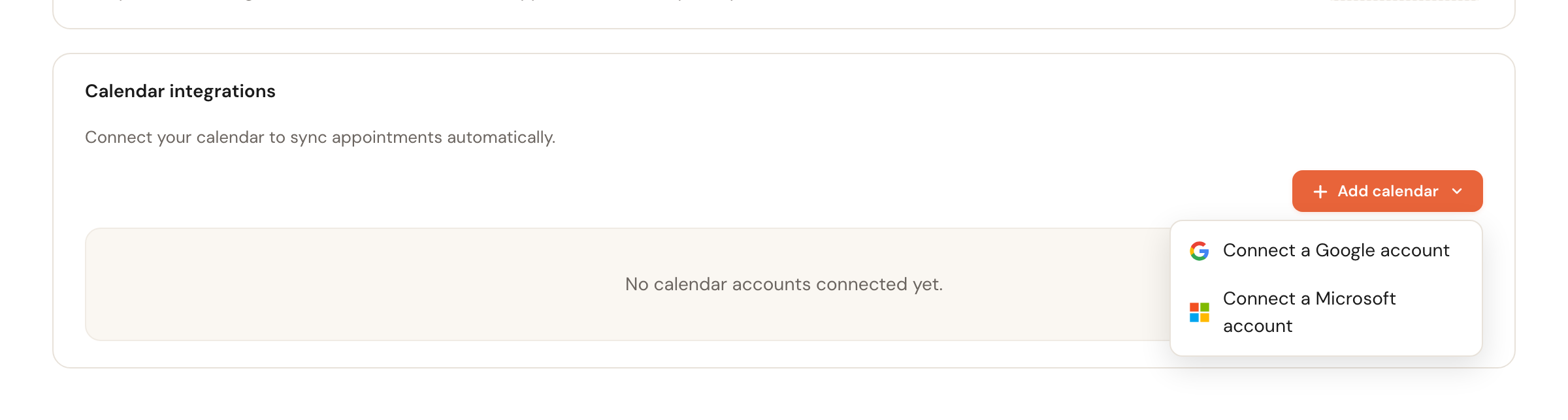 Click Add calendar and choose Google or Microsoft.