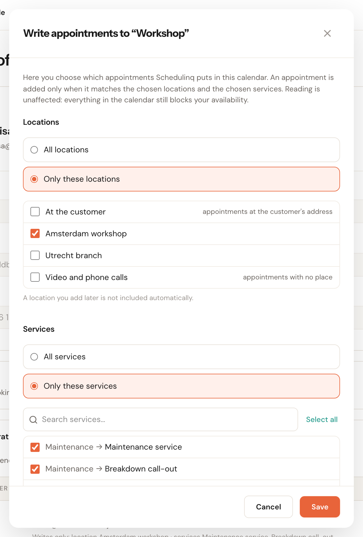The dialog Write appointments to Workshop, with under Locations the choice Only these locations and beneath it the list At the customer, Amsterdam workshop, Utrecht branch and Video and phone calls, and under Services the choice Only these services with the list of services.