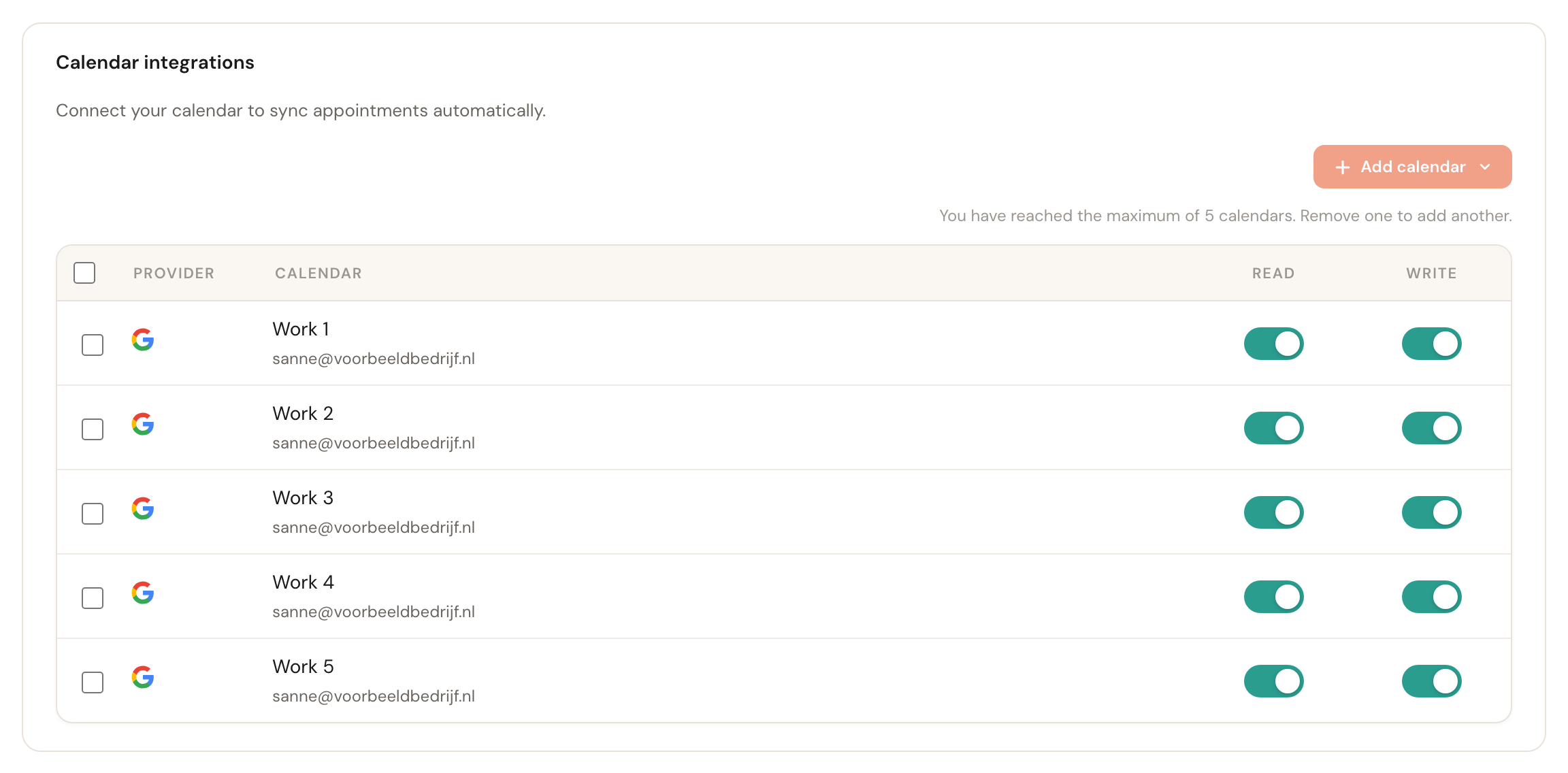 The Calendar integrations block with five calendars and a notice that the maximum has been reached.