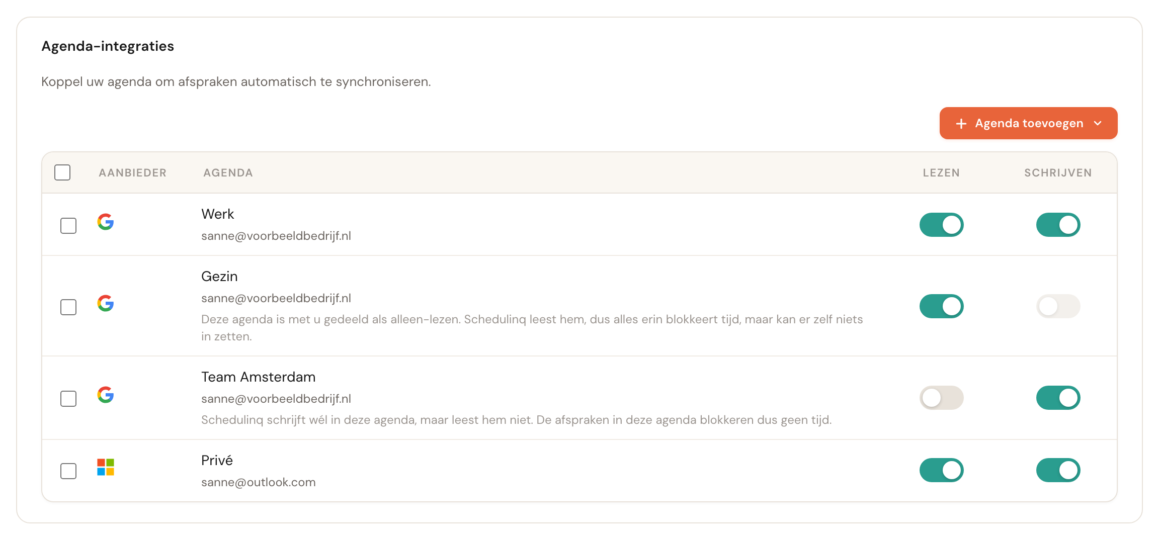 Zet per agenda lezen en schrijven aan of uit.