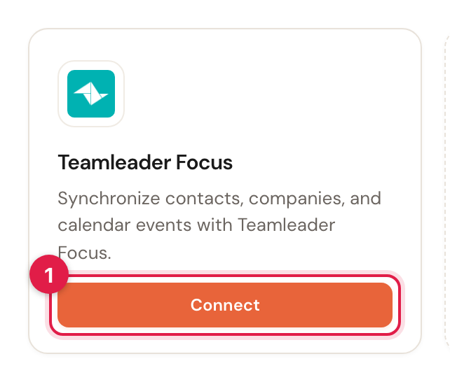 The Teamleader Focus card with the Connect button highlighted.