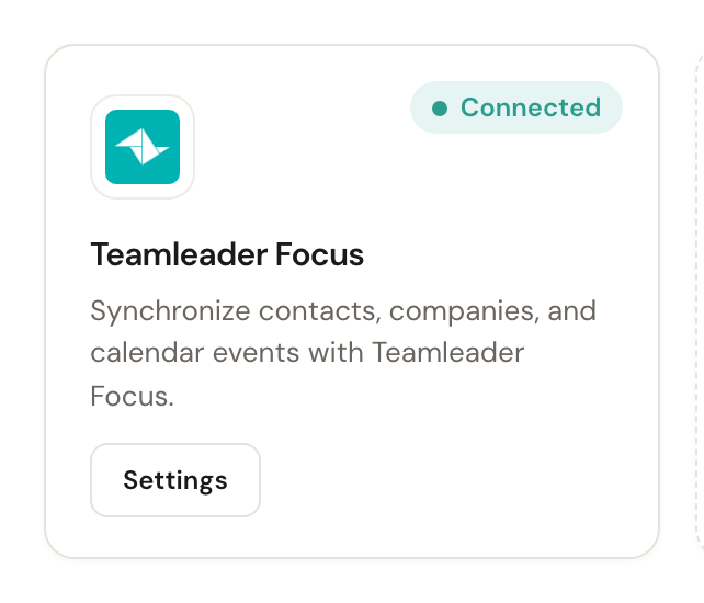 The Teamleader Focus card showing the Connected label and a Settings button.