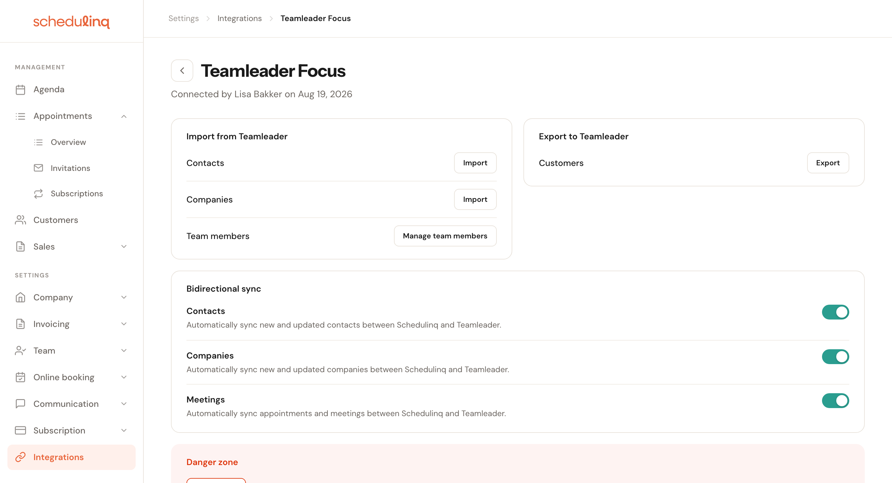 The Teamleader Focus settings page with the Import, Export, Bidirectional sync and Danger zone blocks.