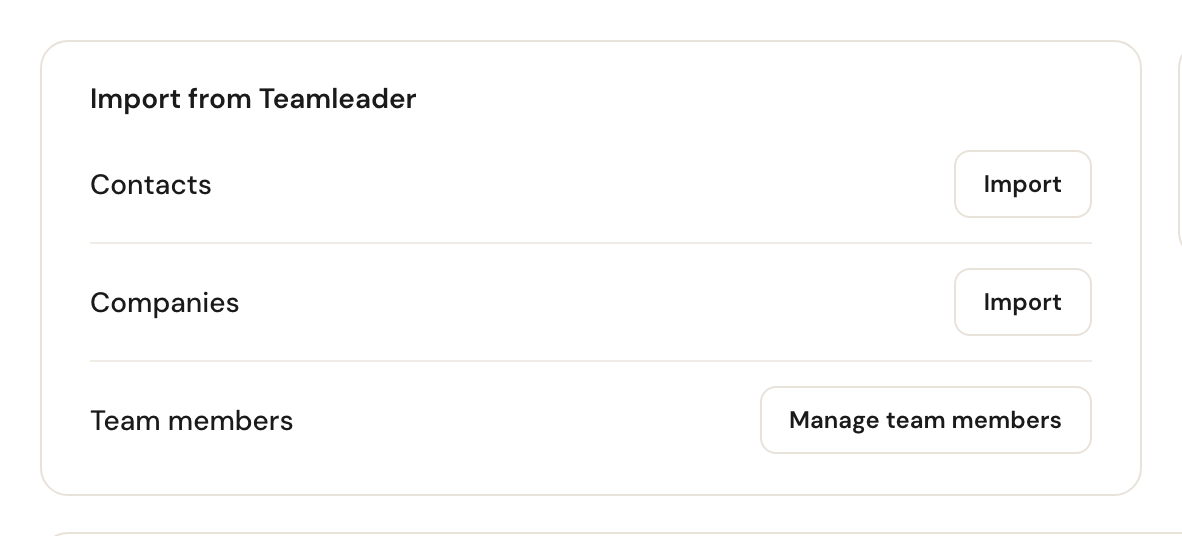 The Import from Teamleader block with buttons for Contacts, Companies and Team members.
