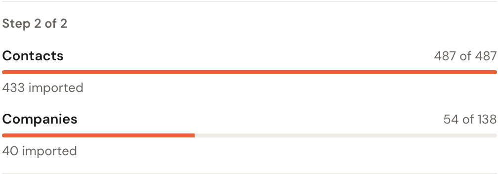 The progress panel reading Step 2 of 2, with Contacts complete at 487 of 487 and Companies part-way at 54 of 138.