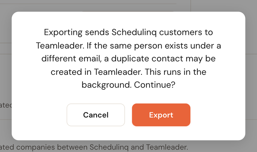 The export confirmation dialog, carrying the same warning about duplicates.