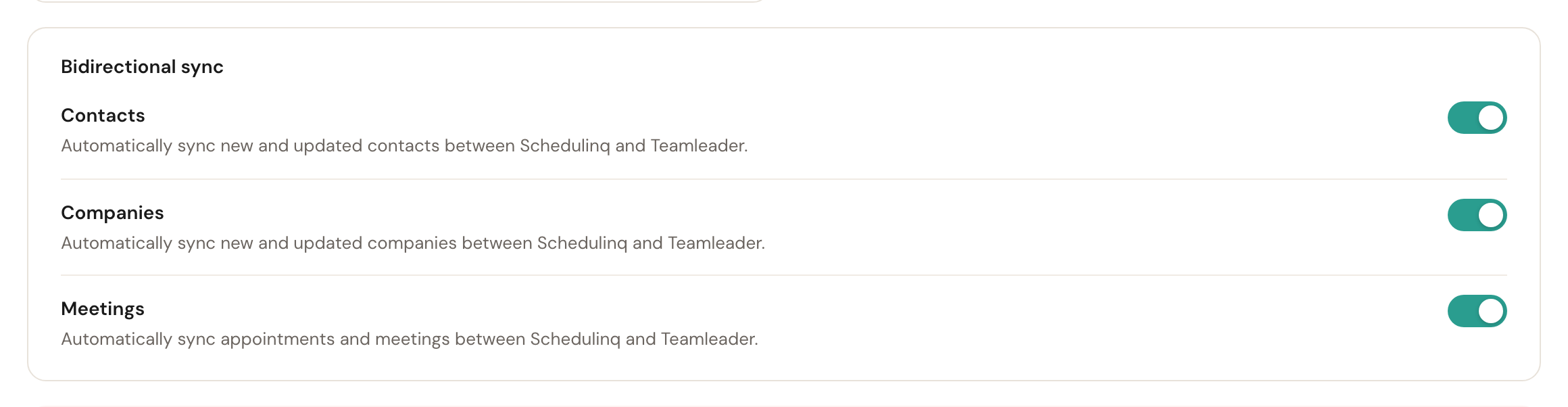 The three bidirectional sync switches — Contacts, Companies and Meetings — all on.