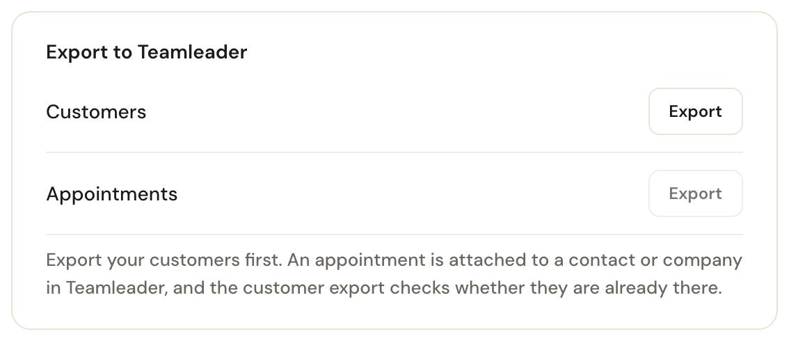 The Export to Teamleader block with rows for Customers and Appointments, the Appointments button greyed out, and a note saying to export customers first.