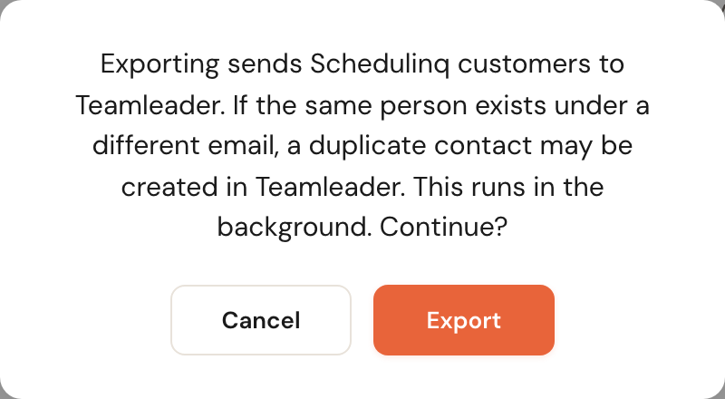 The export confirmation dialog, carrying the same warning about duplicates.
