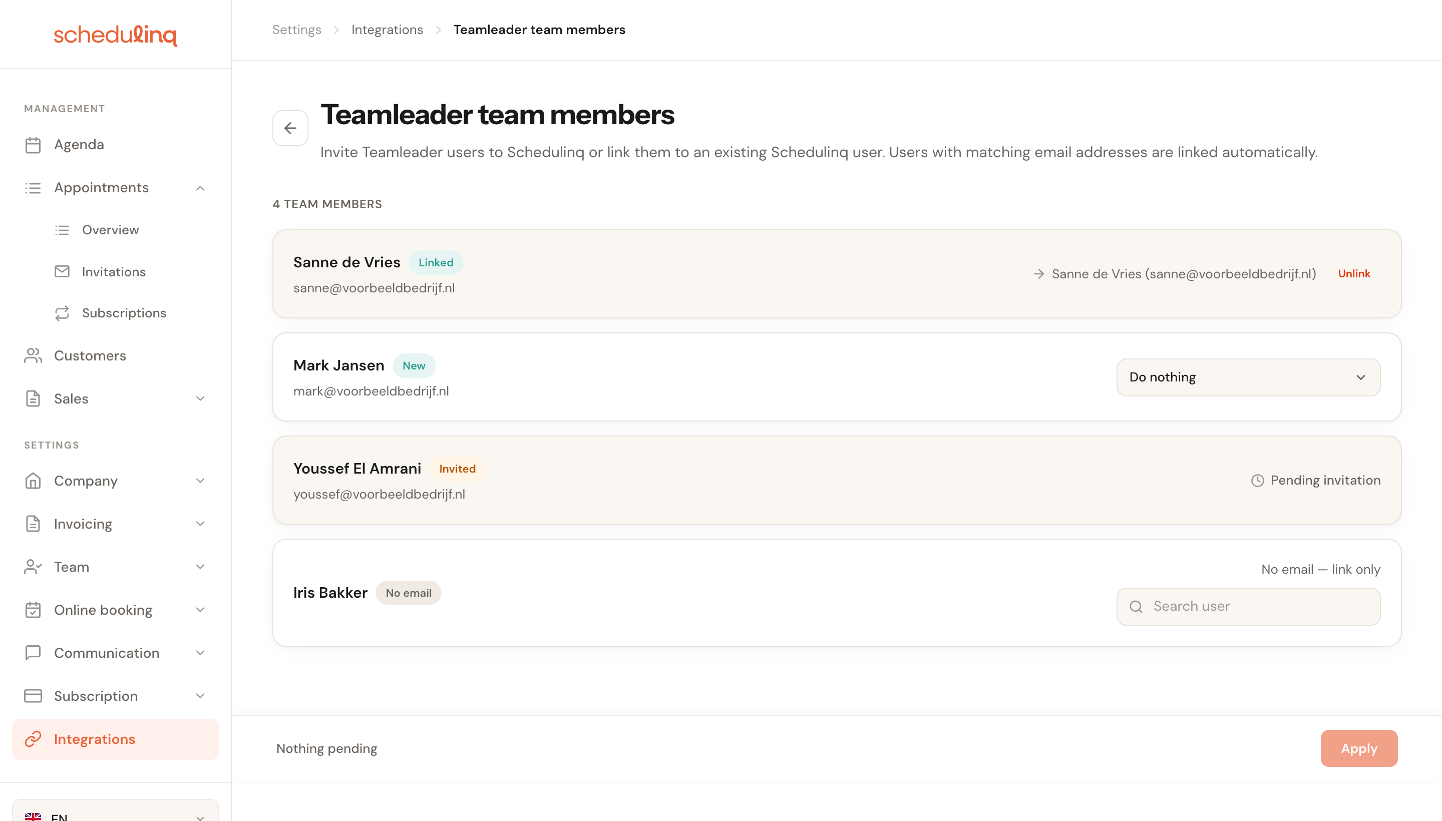 The Teamleader team members screen with four rows in the Linked, New, Invited and No email states.