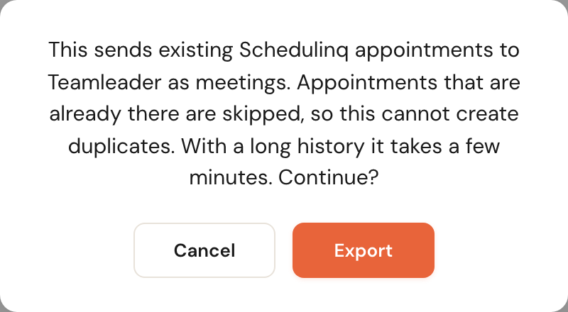 The appointment export confirmation, explaining that appointments already in Teamleader are skipped and that a long history takes a few minutes.