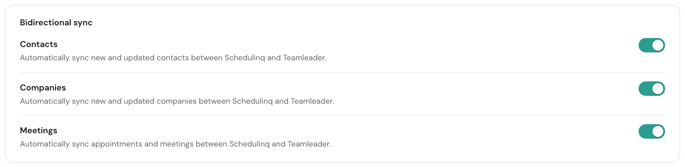 The three bidirectional sync switches — Contacts, Companies and Meetings — all on.