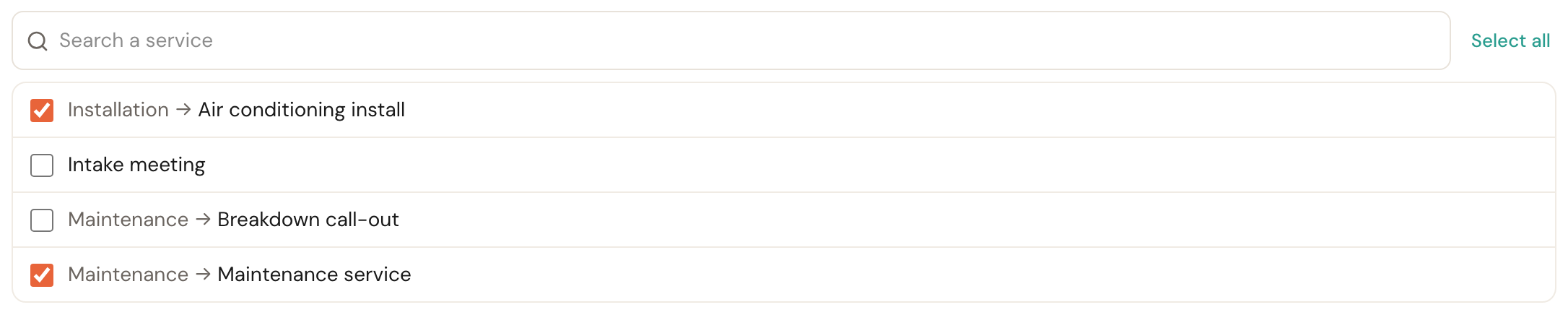The service list with a search box and Select all, two of four services ticked, each labelled with its category path.