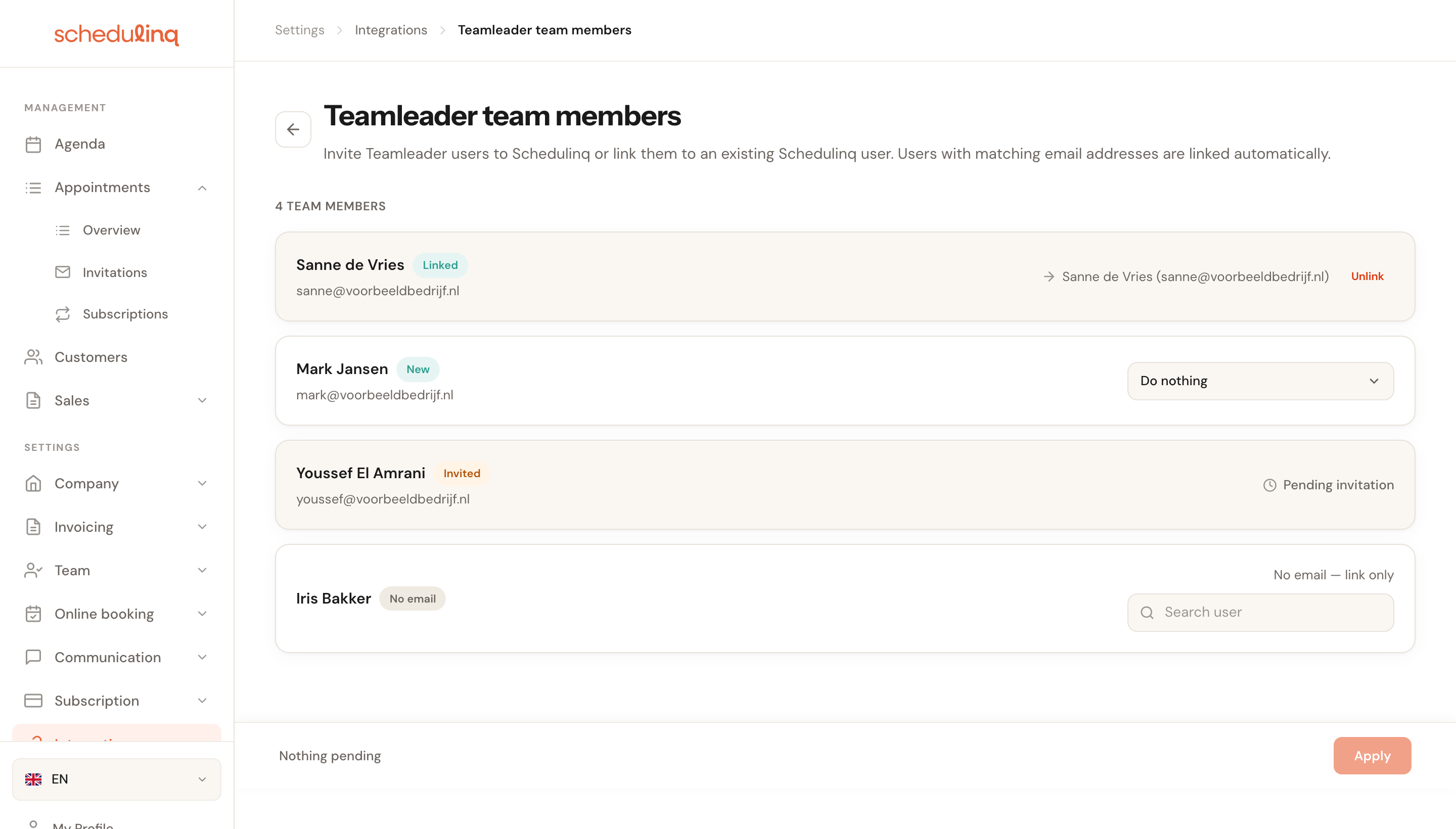 The Teamleader team members screen with four rows in the Linked, New, Invited and No email states.