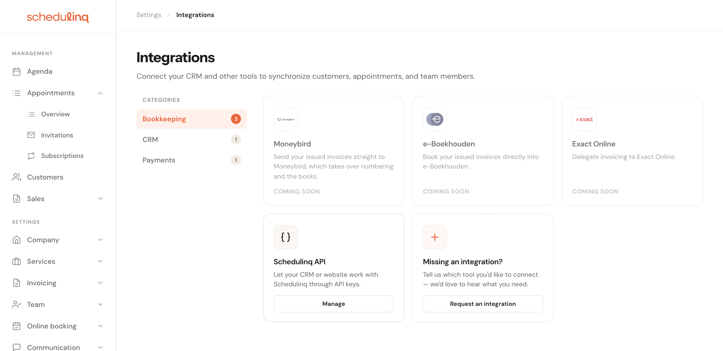 The Integrations page on the Bookkeeping category: Moneybird, e-Boekhouden and Exact Online, each marked Coming soon, next to the Schedulinq API card and the Missing an integration? card.