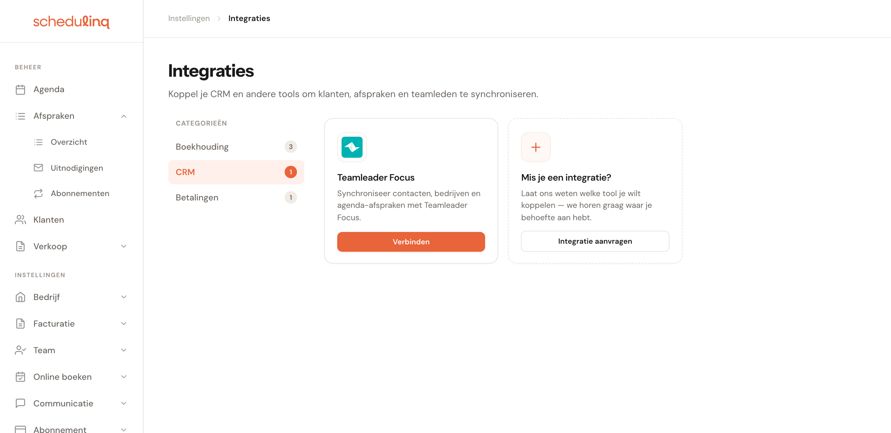 De pagina Integraties met de categorie CRM geselecteerd en de kaart Teamleader Focus.