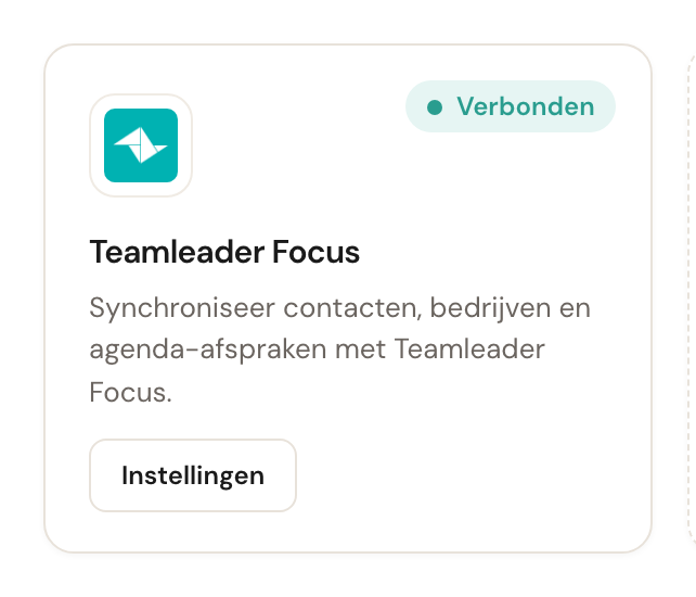 De kaart Teamleader Focus met het label Verbonden en de knop Instellingen.
