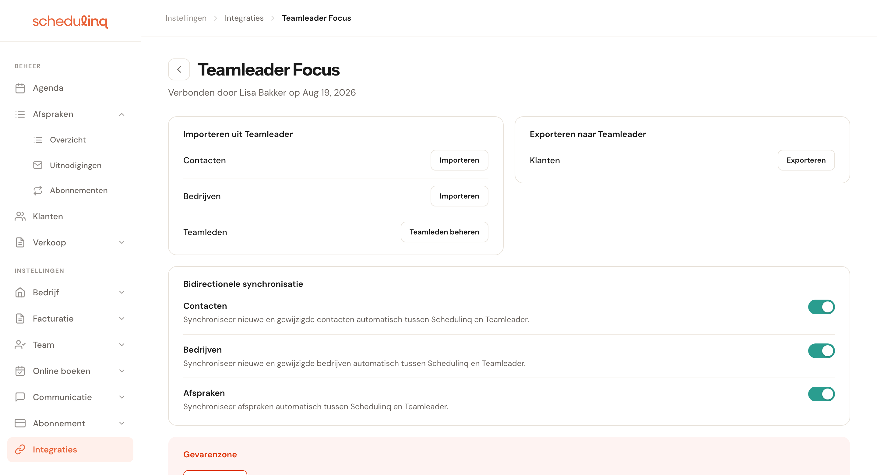 De instellingenpagina van Teamleader Focus met de blokken Importeren, Exporteren, Bidirectionele synchronisatie en Gevarenzone.