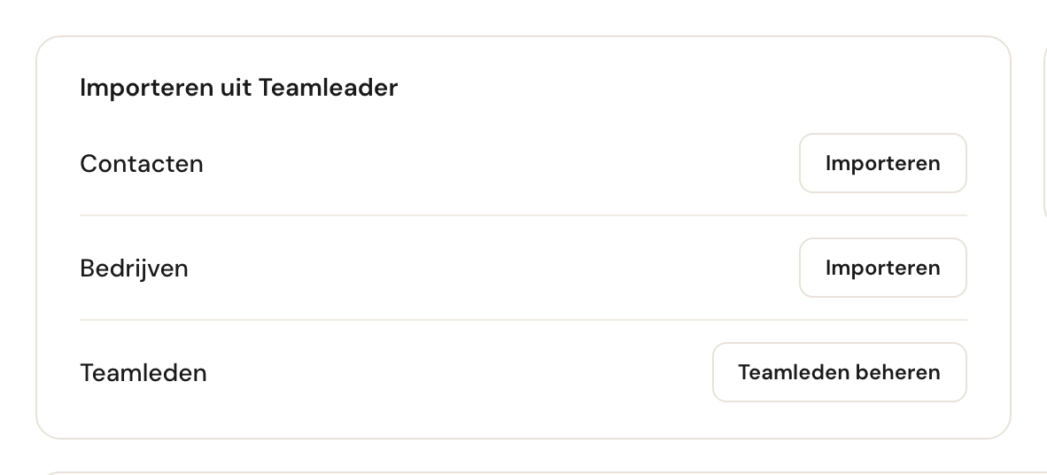 Het blok Importeren uit Teamleader met knoppen voor Contacten, Bedrijven en Teamleden.