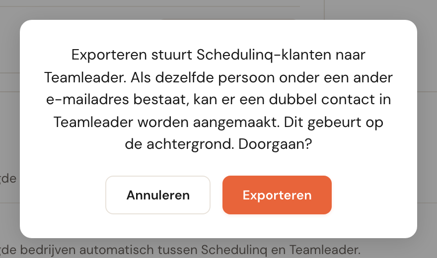 Het bevestigingsvenster voor exporteren, met dezelfde waarschuwing over dubbelen.
