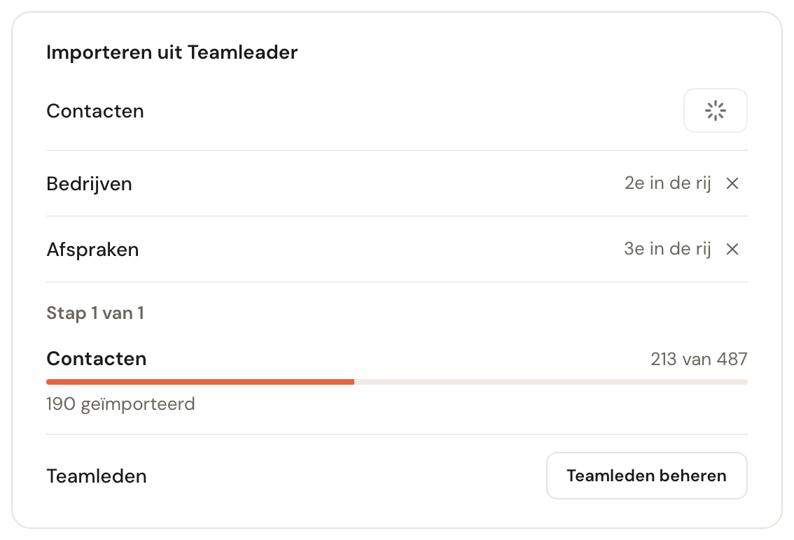 Het importblok met Contacten bezig, Bedrijven als tweede in de rij en Afspraken als derde, elk met een kruisje.