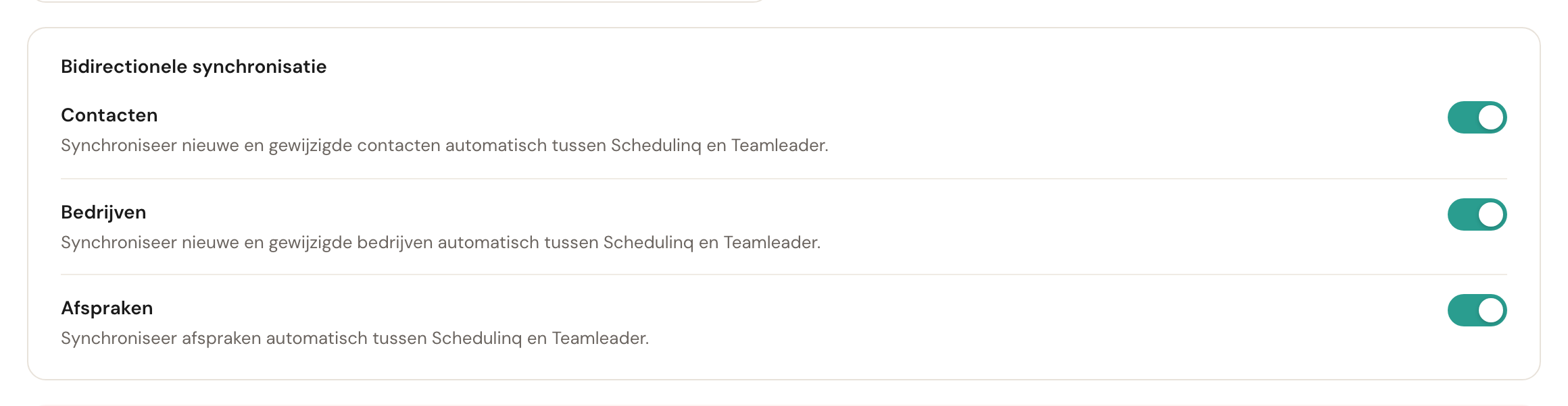 De drie checkboxes voor bidirectionele synchronisatie: Contacten, Bedrijven en Afspraken, alle drie aan.